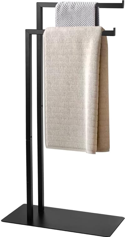 Dailygoods- Badlakenrek Vrijstaand - Stalen Handdoekenrek - 2-Bakken - Zwart - 81 cm Hoogte - Robuuste Basis met Rubber Noppen