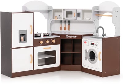 COSTWAY Hoekspeelkeuken, kinderkeuken met licht en geluid, kinderspeelkeuken met spoelbak, ijsmachine, oven, kookgerei, houten keuken, speelgoedkeuken voor kinderen vanaf 3 jaar (bruin)