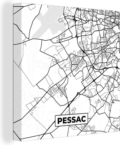 Canvas Schilderij Kaart - Stadskaart - Pessac - Frankrijk - Plattegrond - Zwart wit - 20x20 cm - Wanddecoratie