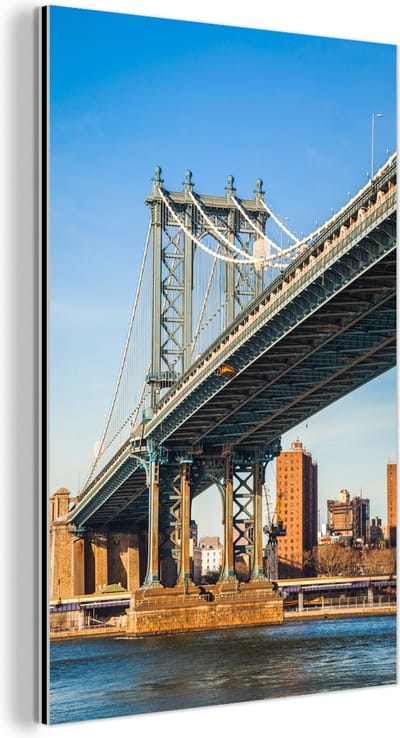 Wanddecoratie Metaal - Aluminium Schilderij Industrieel - Manhattan - Brug - Water - 100x150 cm - Dibond - Foto op aluminium - Industriële muurdecoratie - Voor de woonkamer/slaapkamer