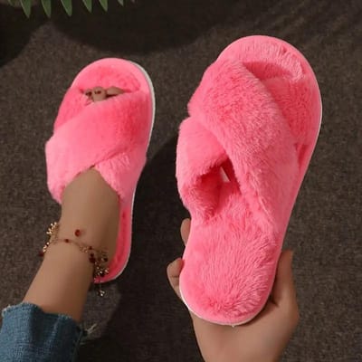 Winter Crisscross Pluche Binnenpantoffel Comfortabele en Warme Zachte Zolen Harige Schoenen Antislip Thuis Vloerpantoffels 36-37 pink