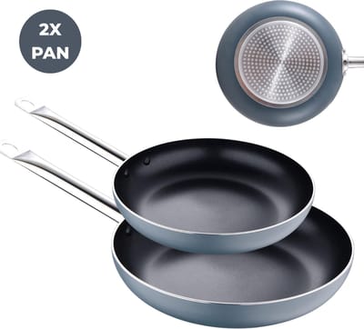 Lomera Koekenpannenset Inductie - Geperst Aluminium - ÍLAG Antikleeflaag - RVS Handgreep - Ø20 en Ø28 CM - Geschikt voor Alle Warmtebronnen - Snelle Warmtegeleiding - Eenvoudig te Reinigen - Handwas Aanbevolen - Set van 2 Stuks
