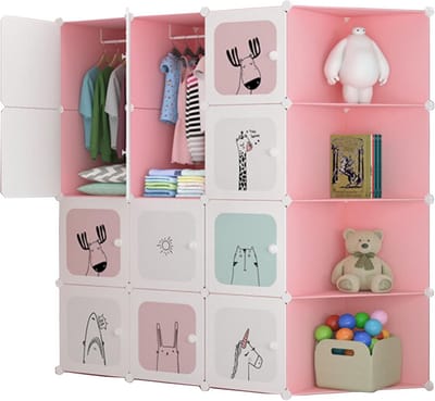 Grote Modulaire Kinderkledingkast met 16 Vakken voor Kleding en Speelgoed - Roze