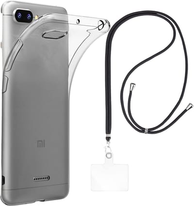 Set met hoesje en nekband voor xiaomi redmi 6a - Flexibele, transparante TPU-bescherming, verstelbare universele nekband voor mobiele telefoons, zwarte nekband, transparante draagriem van Phonillico®