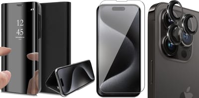 Hoesje geschikt voor iPhone 15 Pro - Screenprotector GlassGuard & Camera Lens Screen Protector Zwart - Book Case Spiegel Zwart