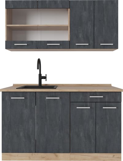 Vicco R-Line Eenpersoonskeuken – 140 cm zonder werkblad Zwart beton/goud eiken