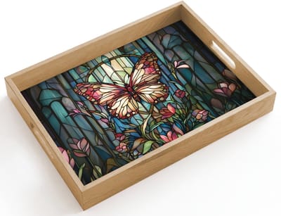 Dienblad hout 40x30 cm - Schootdienblad - Vlinder - Roze - Bloemen - Bladeren - Borrelplank rechthoek - Plateau dienbladen
