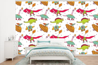Behang - Fotobehang Patronen - Dino - Kleuren - Jongens - Kinderen - Kids - Kind - Breedte 345 cm x hoogte 220 cm