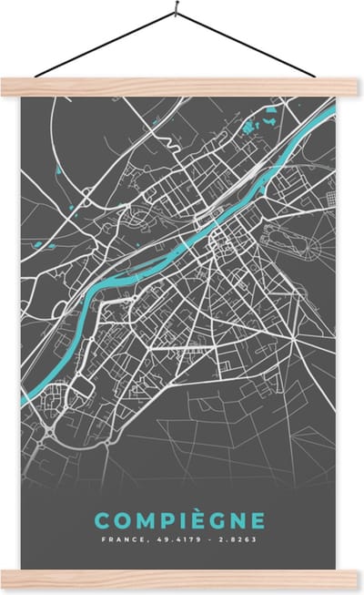 Posterhanger incl. Poster 40x60 cm - Schoolplaat - Compiègne - Kaart - Stadskaart - Plattegrond - Frankrijk - Textielposter - Blanke latten - Stadskaart