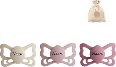 Frigg butterfly spenen siliconen anatomisch - met naam T2 (6-18 maanden) + speenzakje - Cream, Blush en Cedar - fopspenen