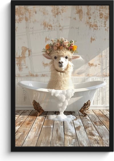 Poster in lijst - Fotolijst 40x60 cm - Posters - Vintage - Alpaca - Badkuip - Bloemen - Dieren - Posterlijst zwart - Wanddecoratie badkamer - Muurdecoratie WC - Decoratieve accessoires - Toilet muur decoratie