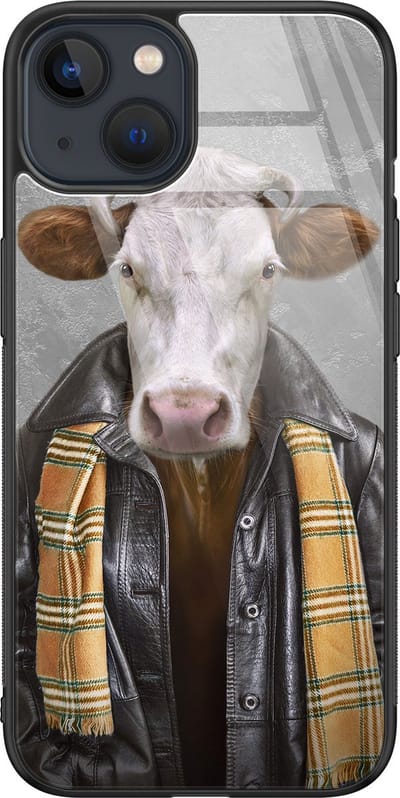 Hoesje geschikt voor iPhone 13 - Koe - Luxe Glazen Hardcase - Hippe print - Grijs - Leuke Telefoonhoesjes