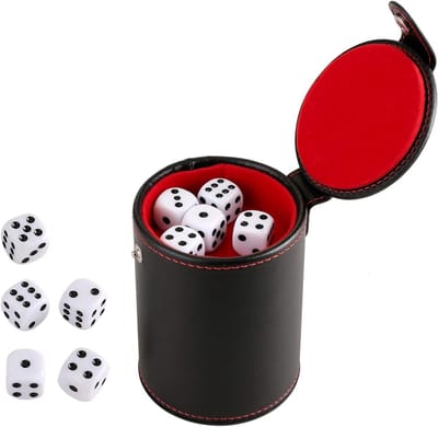 Leer dobbelsteenbeker met set van 10 dobbelstenen in zwart voor bordspellen en dobbelspelletjes