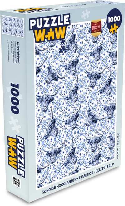 Puzzel Schotse hooglander - Sjabloon - Delfts blauw - Legpuzzel - Puzzel 1000 stukjes volwassenen
