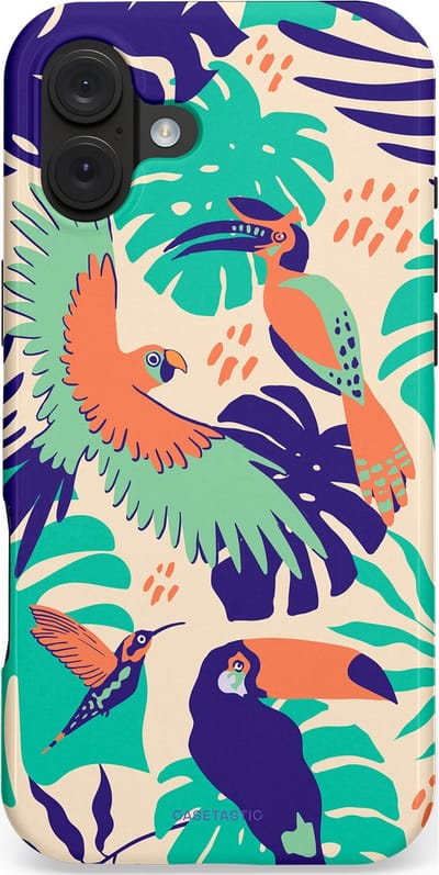 Casetastic hoesje geschikt voor Apple iPhone 16 Plus - MagSafe - Dubbellaagse bescherming - Tropische Vogels - Fashion Case - Turquoise Zand Mintgroen Terracotta