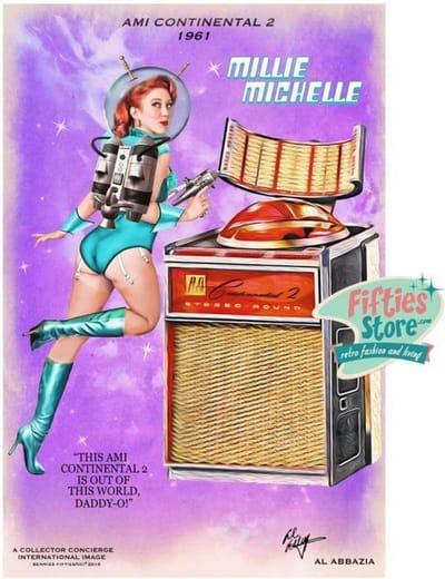 Ami Continental II Jukebox Pin-Up Millie Michelle Zwaar Metalen Bord 44,5 x 29 cm