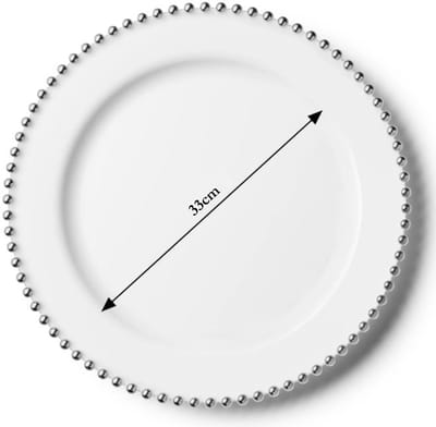 Decorline - 6 x Kunstof Onderborden- Wit/Zilver - Decoratieve Kerstborden Ø 33 cm -Stijlvol herbruikbaar witt zilver diner onderbord met een elegante gouden geparelde rand.