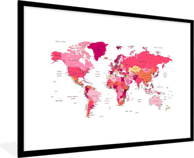 Poster in lijst - Fotolijst 90x60 cm - Posters - Wereldkaart - Topografie - Roze - Posterlijst zwart - Decoratie - Wanddecoratie woonkamer - Muurdecoratie slaapkamer