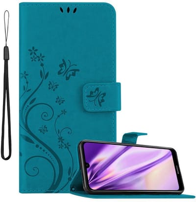 Cadorabo Hoesje geschikt voor Huawei Y6 2019 in BLOEMEN BLAUW - Beschermhoes in bloemmotief met magnetische sluiting, standfunctie en kaartsleuven Book Case Cover Etui