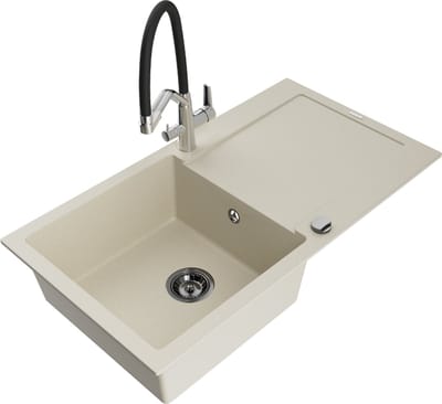 Mexen Leo granieten gootsteen 1-kompartment met afdruiprek en keukenmengkraan Duo, beige - 6501-69-671701-07-B