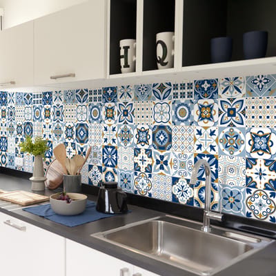 Zelfklevende tegelmuurstickers voor keuken en badkamer - 30 cementtegelstickers, Azulejos Franka - 30 stickers, 20x20cm