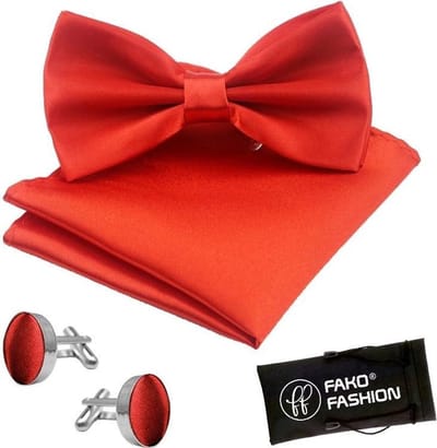 Fako Fashion - Vlinderstrik, Pochette & Manchetknopen - Vlinderdas - Strikje - Pochet - Satijn - Rood
