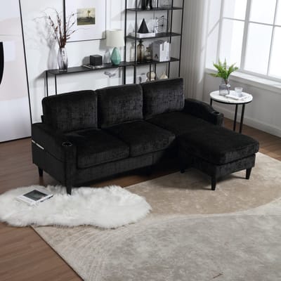 Sweiko Bank - Opbergruimte - 4-zits bank - Met hocker - Bekerhouder - Velvet - Zwart