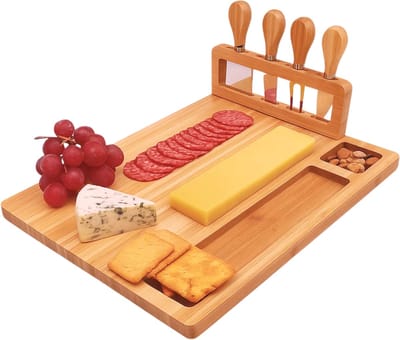 Lomera Bamboe Borrelplank - Kaasplank Met Mesjes - Extra Grote Kaasplank - Bamboe Materiaal - Grote Serveerplank - Borrelplank Voor Kaas - Kaasplank Set - Duurzame Bamboe - Borrelplank Cadeau - Kaasplank Voor Feestjes