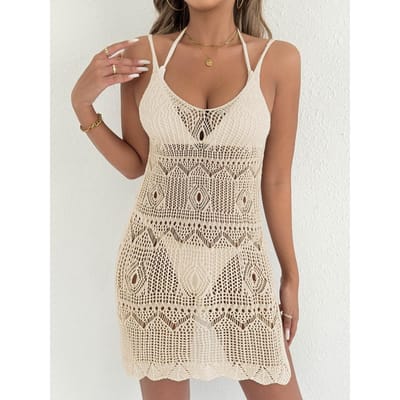 Dames Haak Strand Cover-up Jurk Uitgesneden Mouwloos V-hals Bikini Cover-Up Zijsplit Zomer Zwemkleding Cover One Size beige
