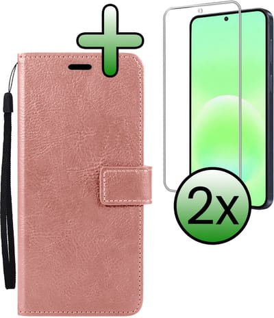 Hoesje Met 2x Screenprotector - Geschikt voor Samsung Galaxy A57 - Luxe Pasjeshouder - Bookcase Portemonee - Flip Case - Kunstleer Book Case - Flipcase Hoes - Book Cover - Walletcase - Portemonneehoes - Rosé goud