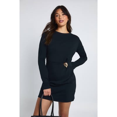 boohoo Dames T-shirt jurk met lange mouwen en trimdetail | Zwart | Maat: 38