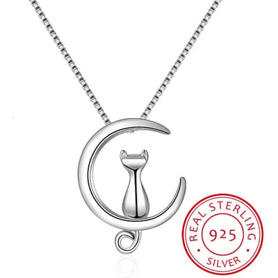 Collier en argent sterling 925 pour femme, pendentif chat lune, chaîne à maillons, Kolye S-n187 white