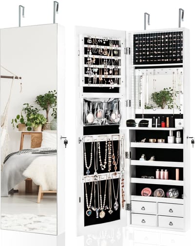 COSTWAY Sieradenkast met ledverlichting, sieradenrek met full-body spiegel, simpelkast met 4 laden, 4 planken voor sieraden en cosmetica, kastdeur en wandmontage (wit)