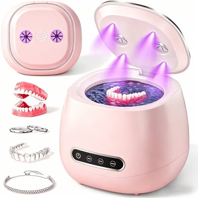 Ultrasoon gebitsreiniger - 48 kHz draagbare gebitsreinigingskamer - Ultrasone Reiniger - Kunstgebit & Prothese Schoonmaken - geschikt voor kunstgebitten, mondbeschermers, beugels, aligners, tandenborstels, sieraden - roze
