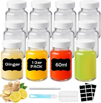 Famanu - Set van 12 glazen shotflessen 60 ml, met etiketten en borstels, herbruikbare mini-flessen voor sap en kruiden – Transparant