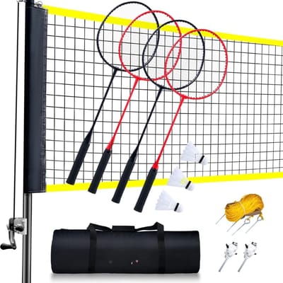 Complete Badminton Set - Draagbaar Badminton Net - Inclusief 4 Rackets & 3 Shuttles - Snel Op te Zetten - Met Draagtas