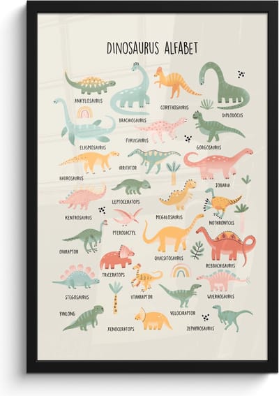 Poster in lijst - Fotolijst 40x60 cm - Posters - Dinosaurus alfabet - Leren voor kinderen - Dino's - Educatief - Posterlijst zwart - Kamer decoratie - Wanddecoratie kinderkamer - Muurdecoratie babykamer