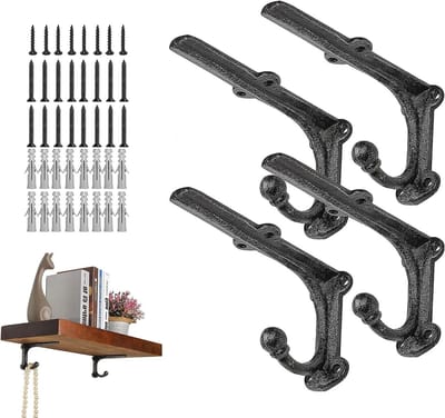 Robuuste Zwarte Hoekplank met Haken van Smeedijzer voor Wandmontage, Set van 4, 15 x 8.5 cm, Ideaal voor Opslag en Decoratie