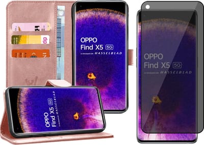 Hoesje geschikt voor Oppo Find X5 - Privacy Screenprotector Volledig Dekkend Glas - Portemonnee Book Case Rosegoud