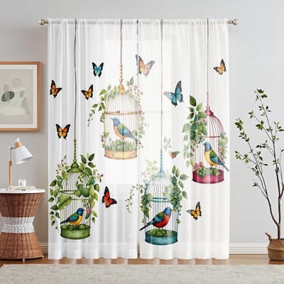 2 Pièces HD Numérique Papillon Oiseau en Cage Imprimé Cantonnière de Fenêtre Style Décoration Décoration Salon Chambre à Coucher Rodding Cur W52H63inchW132H160cm white