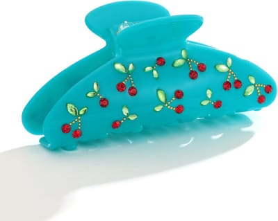 Blauwe haarclip met kristallen kersenmotief - Medium antislip kaakclip voor dik en fijn haar