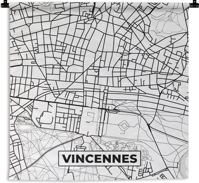 Wandkleed - Wanddoek - Frankrijk – Vincennes - Plattegrond – Stadskaart – Kaart - Zwart wit - 180x180 cm - Wandtapijt