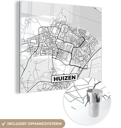 MuchoWow® Glasschilderij 50x50 cm - Schilderij acrylglas - Kaart - Huizen - Zwart - Wit - Foto op glas - Schilderijen