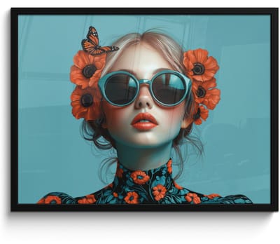 Poster in lijst - Fotolijst 70x50 cm - Posters - Vrouw - Blauw - Vlinder - Bloemen - Aesthetic - Posterlijst zwart - Decoratie - Wanddecoratie woonkamer - Muurdecoratie slaapkamer