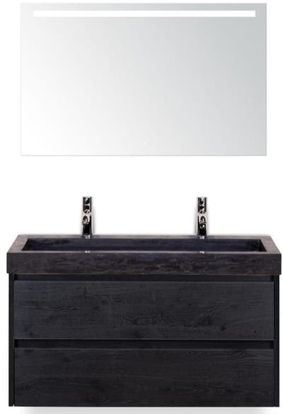 Dante Badmeubelset 100 cm - Black Oak - Wastafel Hardsteen Wit Lucca 2 Kraangaten met Sence Spiegel
