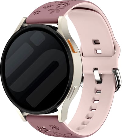 Strap-it Flower Sportbandje Siliconen 20mm – geschikt voor Samsung Galaxy Watch 7 (40mm) / Galaxy Watch 7 (44mm) / Galaxy Watch 6 Classic / Galaxy Watch 5 Pro / Galaxy Watch 4 / Galaxy Watch 3 / Watch FE – Smokepaars & Lichtroze