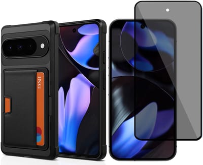 Pasjes Houder Hoesje & Privacy Screenprotector geschikt voor Google Pixel 9 Pro XL Hoesje Screenprotector - Gehard Glas Cover Privé + Heavy Duty Case - Magnetisch Portemonnee Hoesje Cover - Zwart