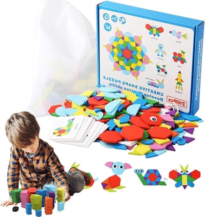 Vormen Puzzel - Tangram Blokken - Educatief Spel - Natuurlijk Hout - 210 Stukken - Willekeurig