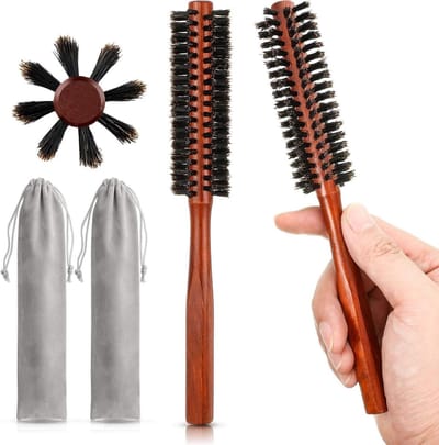 2 Haarborstels met Wildzwijnharen - Ronde Borstel voor Haarstyling en Mini-Baardborstel - Houten Handvat - 2 Zakjes met Trekkoord voor Dames