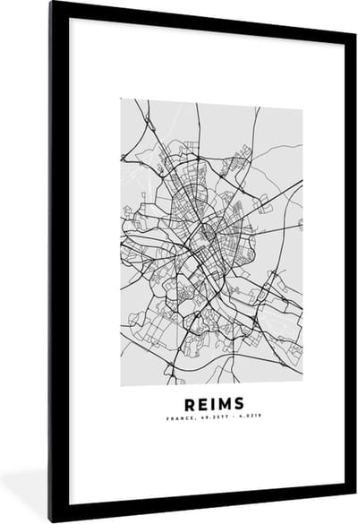 Fotolijst incl. Poster - Frankrijk - Reims - Stadskaart - Plattegrond - Kaart - 80x120 cm - Posterlijst